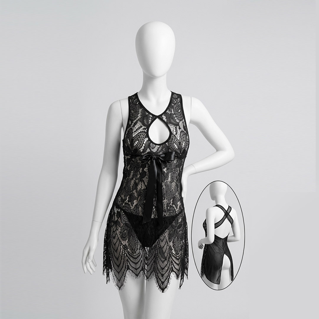 Sensual Black Floral Net Lace Bridal Nighty